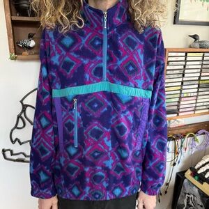 Vintage 90s Fleece Abstract Print Anorak Pullover ~ Size Large